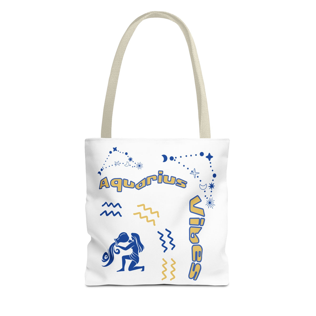 Aquarius Zodiac White Canvas Tote Bag — Personalized Birth Year & Initials