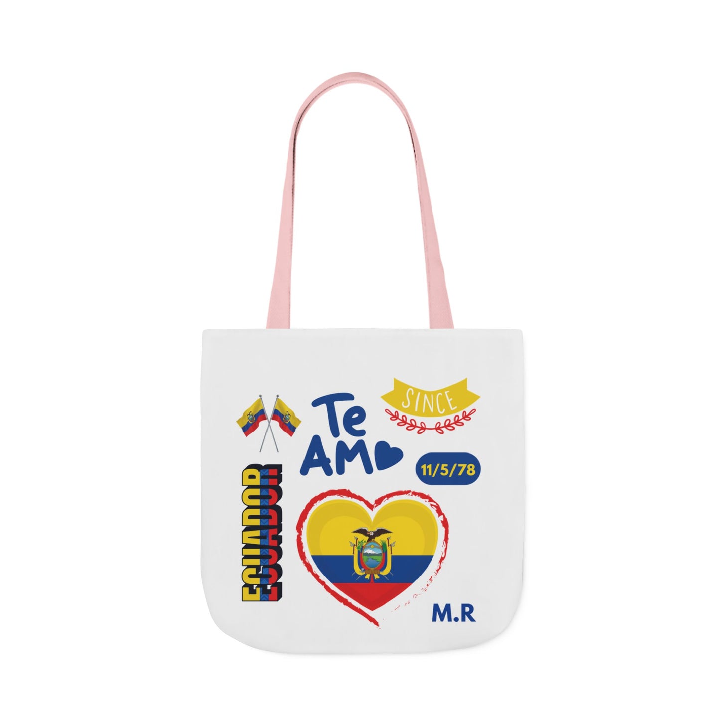 Ecuadorian Pride White Canvas Tote Bag with 5-Color Straps – Te Amo & Yo Soy Designs( Personalized Date of Birth & initials)