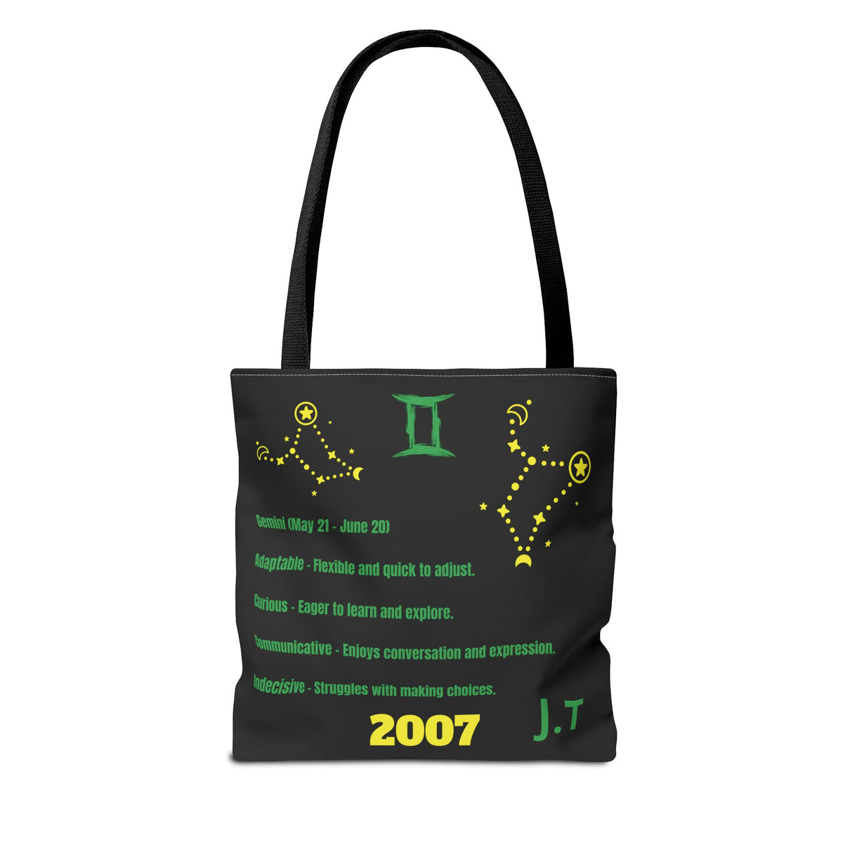 Personalized Initial & D.O.B Gemini Vibes black Zodiac Tote Bag