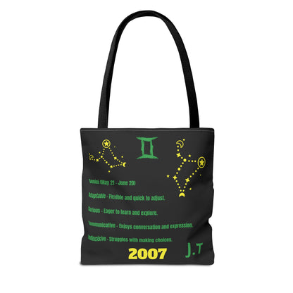 Personalized Initial & D.O.B Gemini Vibes black Zodiac Tote Bag