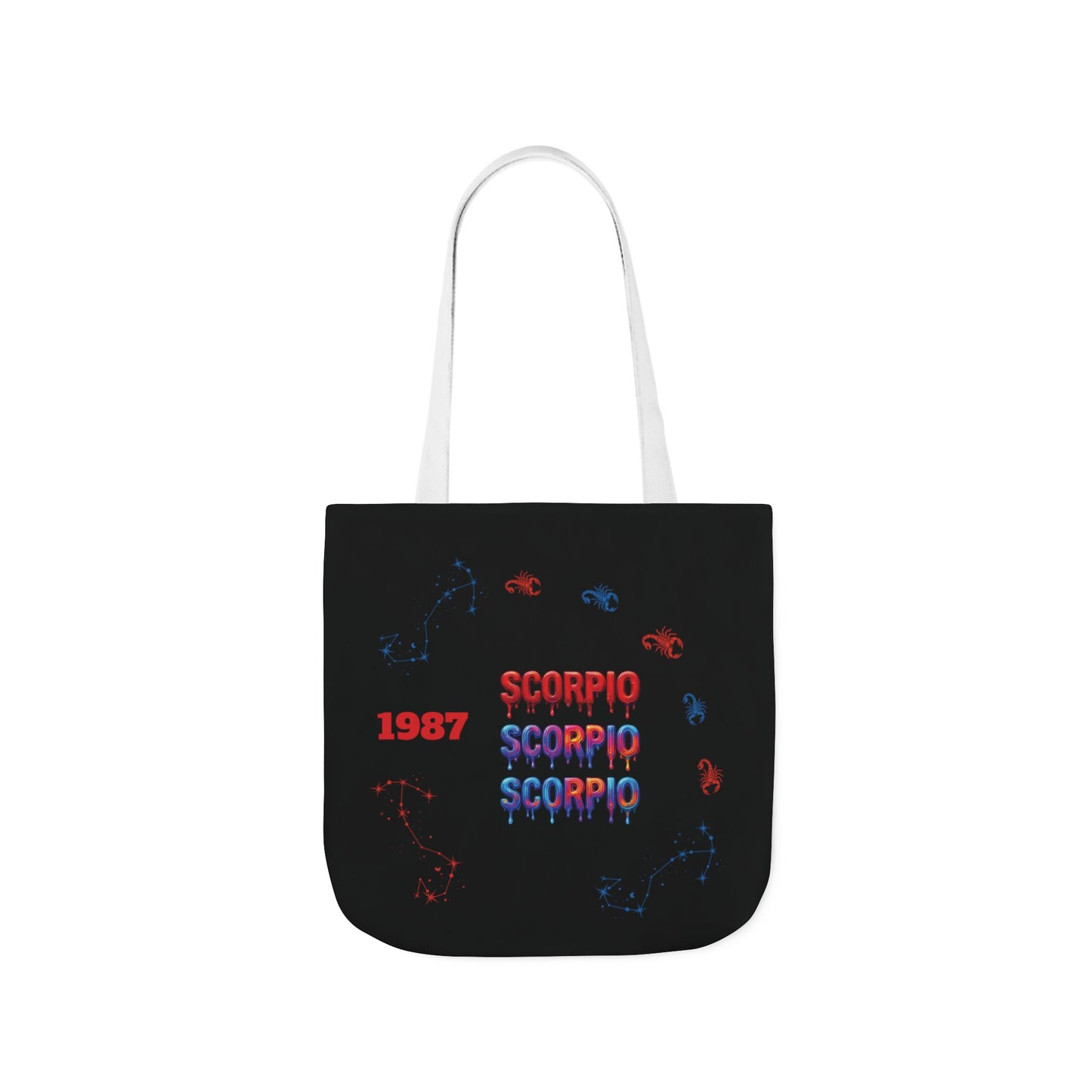 Personalized D.O.B Scorpio 1987 Tote Bag with initials in back — Zodiac Canvas Tote with Neon Scorpion Design