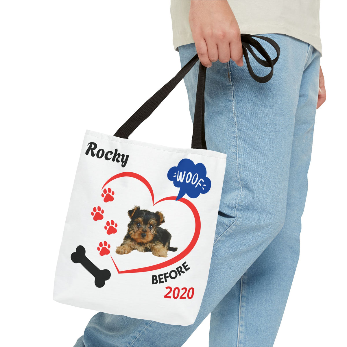 Personalized Puppy Photo & Name White Canvas Tote Bag — "Rocky" Before & Now Paw Print Design