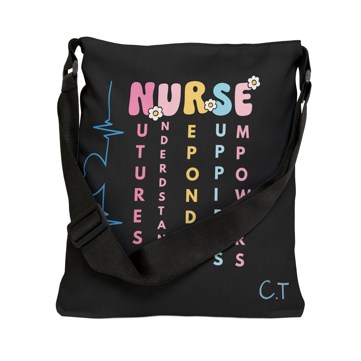 Personalized initial & Years of Services Nurse Black Adjustable Tote Bag