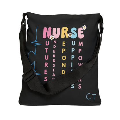 Personalized initial & Years of Services Nurse Black Adjustable Tote Bag