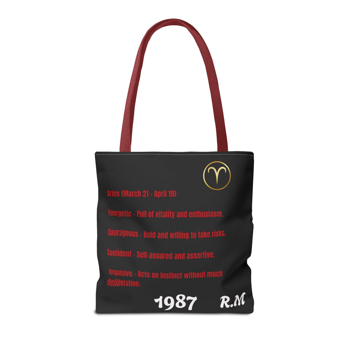 Personalized Initial & Birthdate Aries Vibes Black  Tote Bag — Zodiac Aries Horoscope Astrological Design (Born 1987)