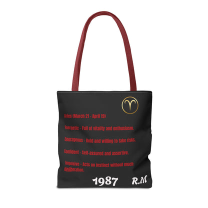 Personalized Initial & Birthdate Aries Vibes Black  Tote Bag — Zodiac Aries Horoscope Astrological Design (Born 1987)