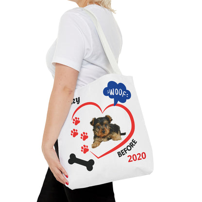 Personalized Puppy Photo & Name White Canvas Tote Bag — "Rocky" Before & Now Paw Print Design