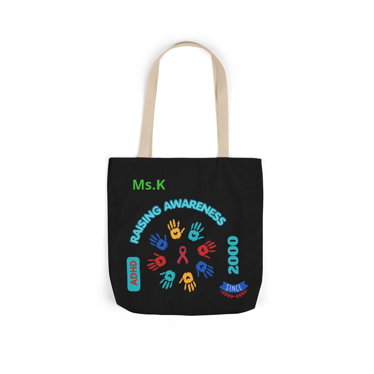 Autism Awareness Canvas Tote — Rainbow Handprints & Ribbon Design