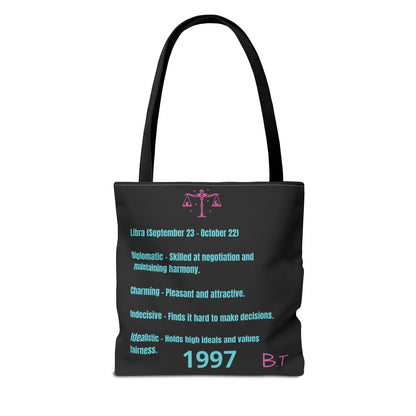 Personalized Initial & D.O.B Libra Zodiac Black Tote Bag with Traits & Birth Year (1997)