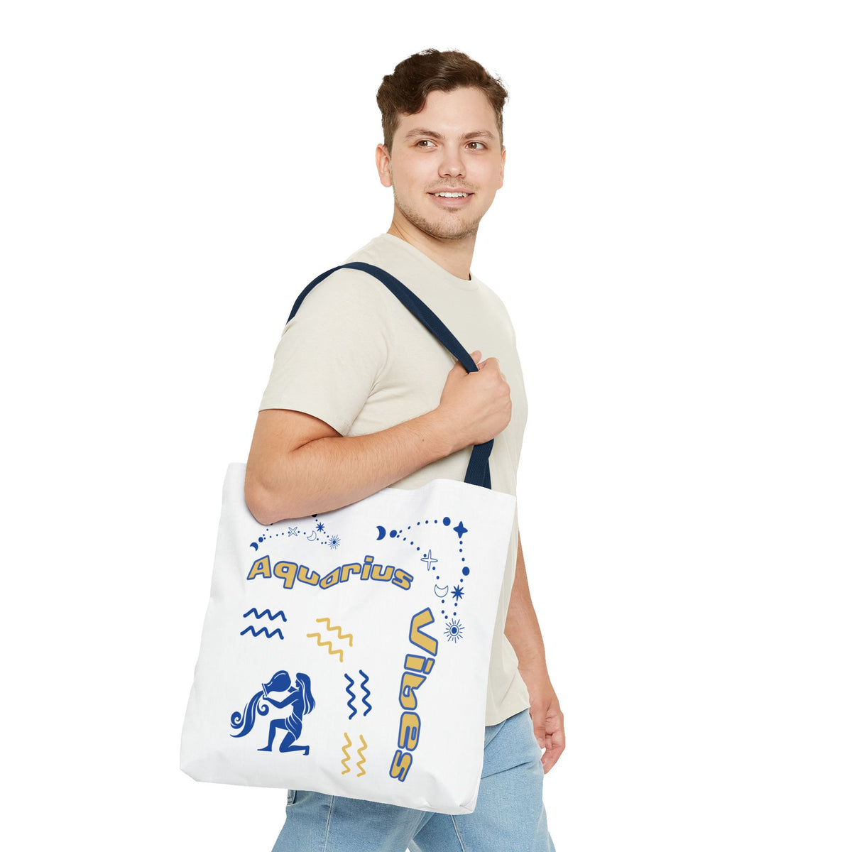 Aquarius Zodiac White Canvas Tote Bag — Personalized Birth Year & Initials