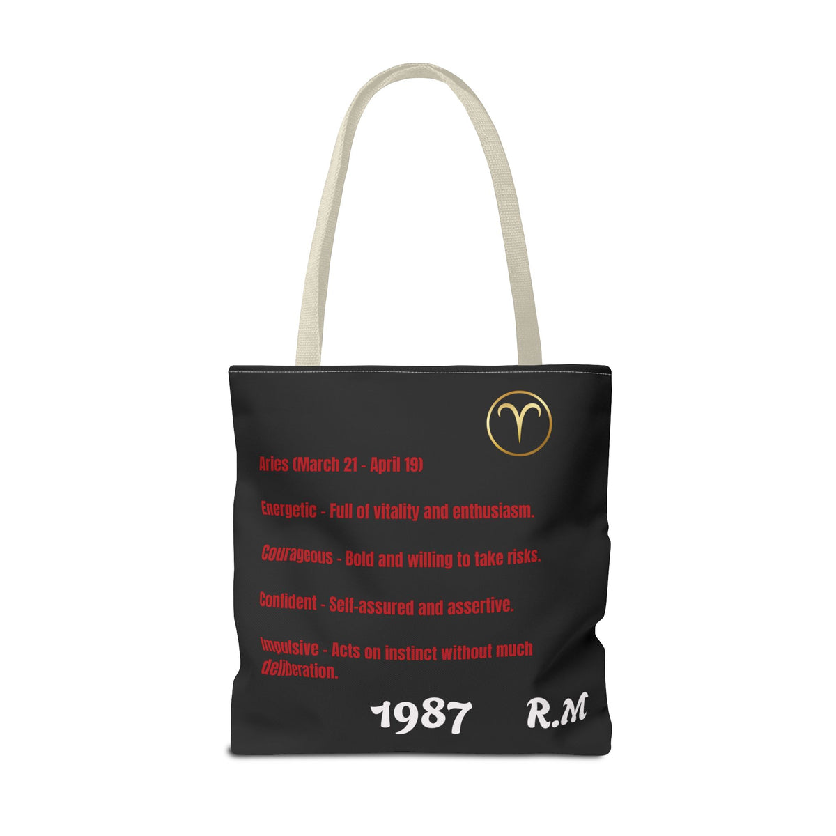 Personalized Initial & Birthdate Aries Vibes Black  Tote Bag — Zodiac Aries Horoscope Astrological Design (Born 1987)