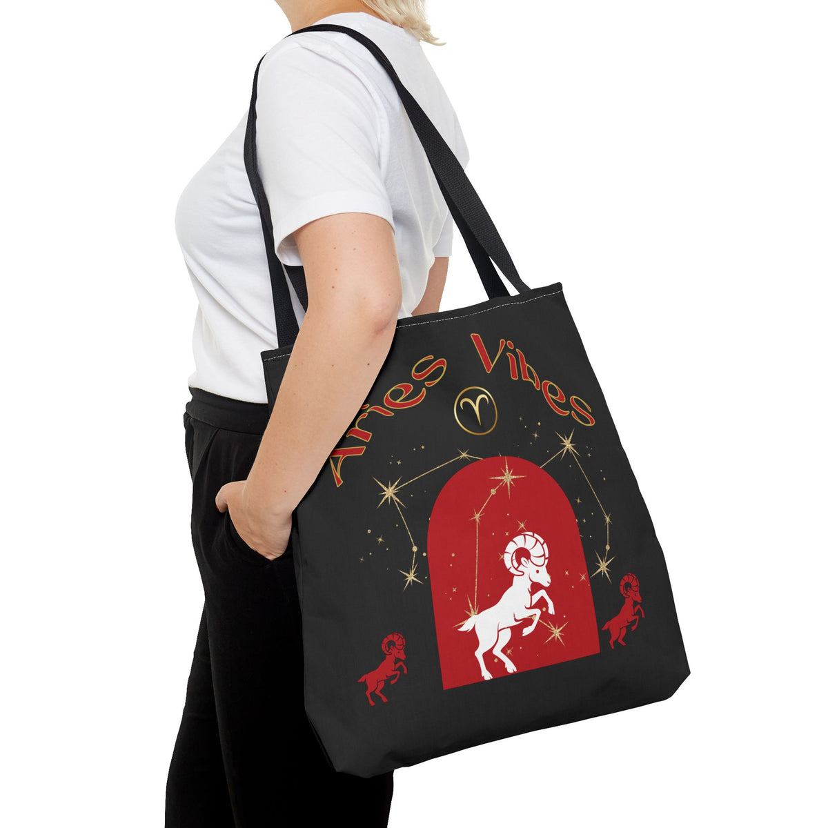 Personalized Initial & Birthdate Aries Vibes Black  Tote Bag — Zodiac Aries Horoscope Astrological Design (Born 1987)