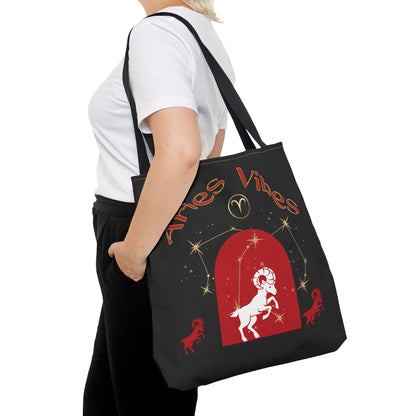 Personalized Initial & Birthdate Aries Vibes Black  Tote Bag — Zodiac Aries Horoscope Astrological Design (Born 1987)