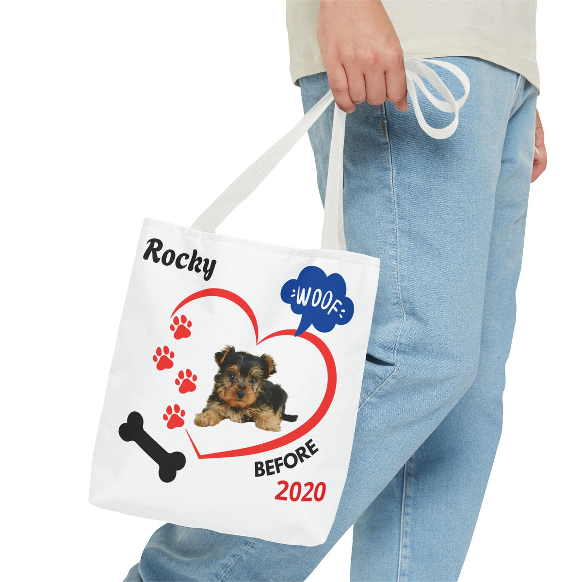 Personalized Puppy Photo & Name White Canvas Tote Bag — "Rocky" Before & Now Paw Print Design