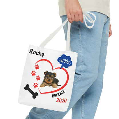 Personalized Puppy Photo & Name White Canvas Tote Bag — "Rocky" Before & Now Paw Print Design