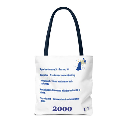 Aquarius Zodiac White Canvas Tote Bag — Personalized Birth Year & Initials