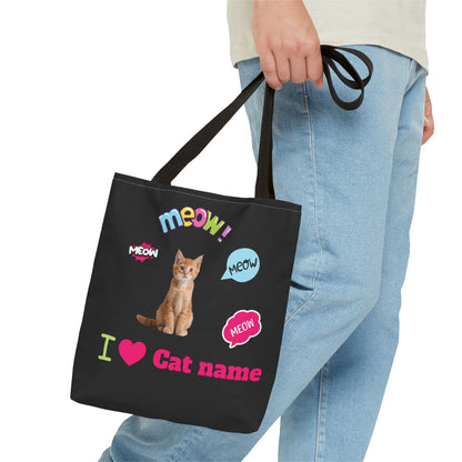 Personalized Cat Lover Canvas Tote Bag — "I  Cat name" Customizable Cat Photo Tote