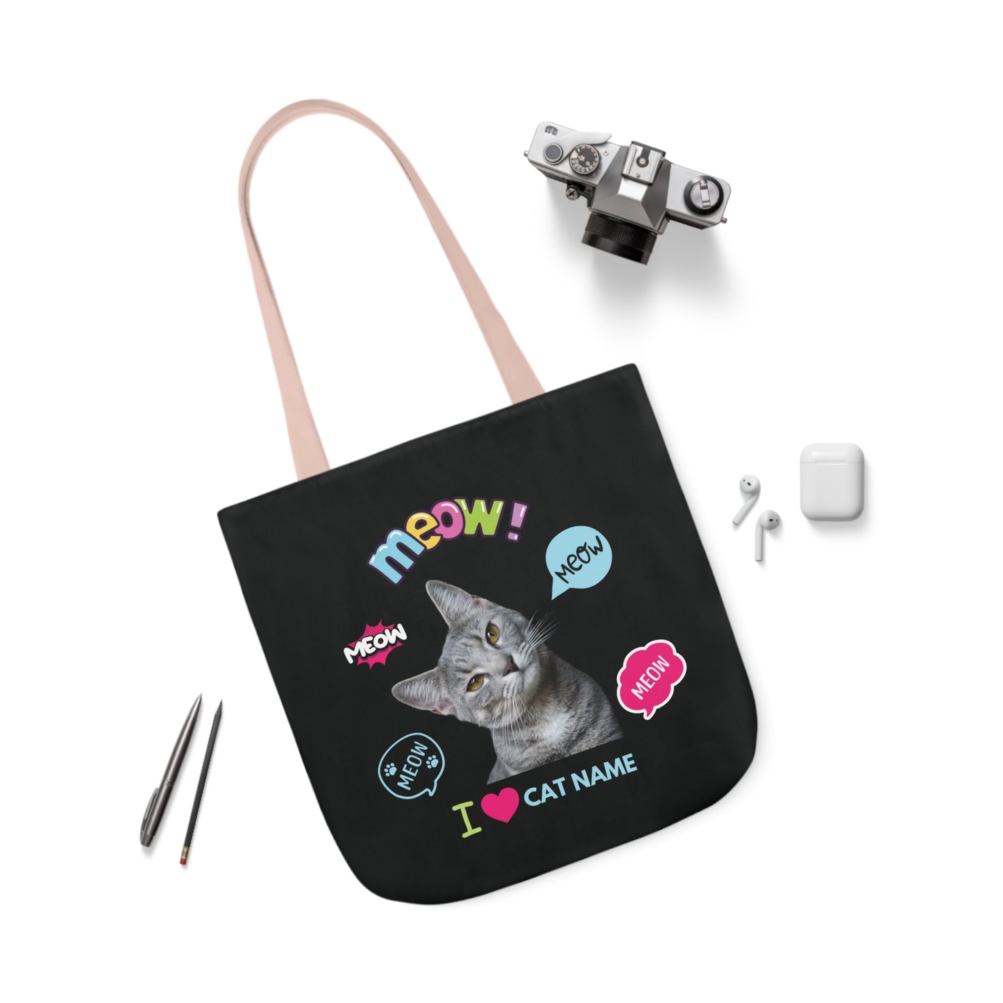 Black Personalized Cat Canvas Tote Bag