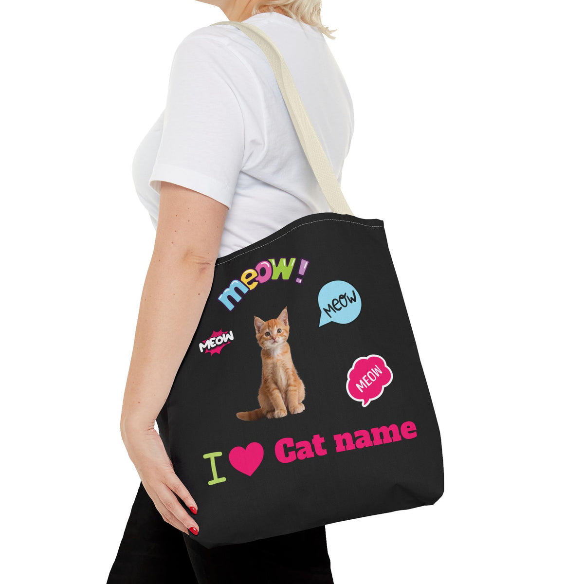 Personalized Cat Lover Canvas Tote Bag — "I  Cat name" Customizable Cat Photo Tote