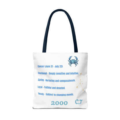 Personalized Initials & D.O.B Cancer Zodiac White Canvas Tote Bag – June 21–July 22 Astrology Gift
