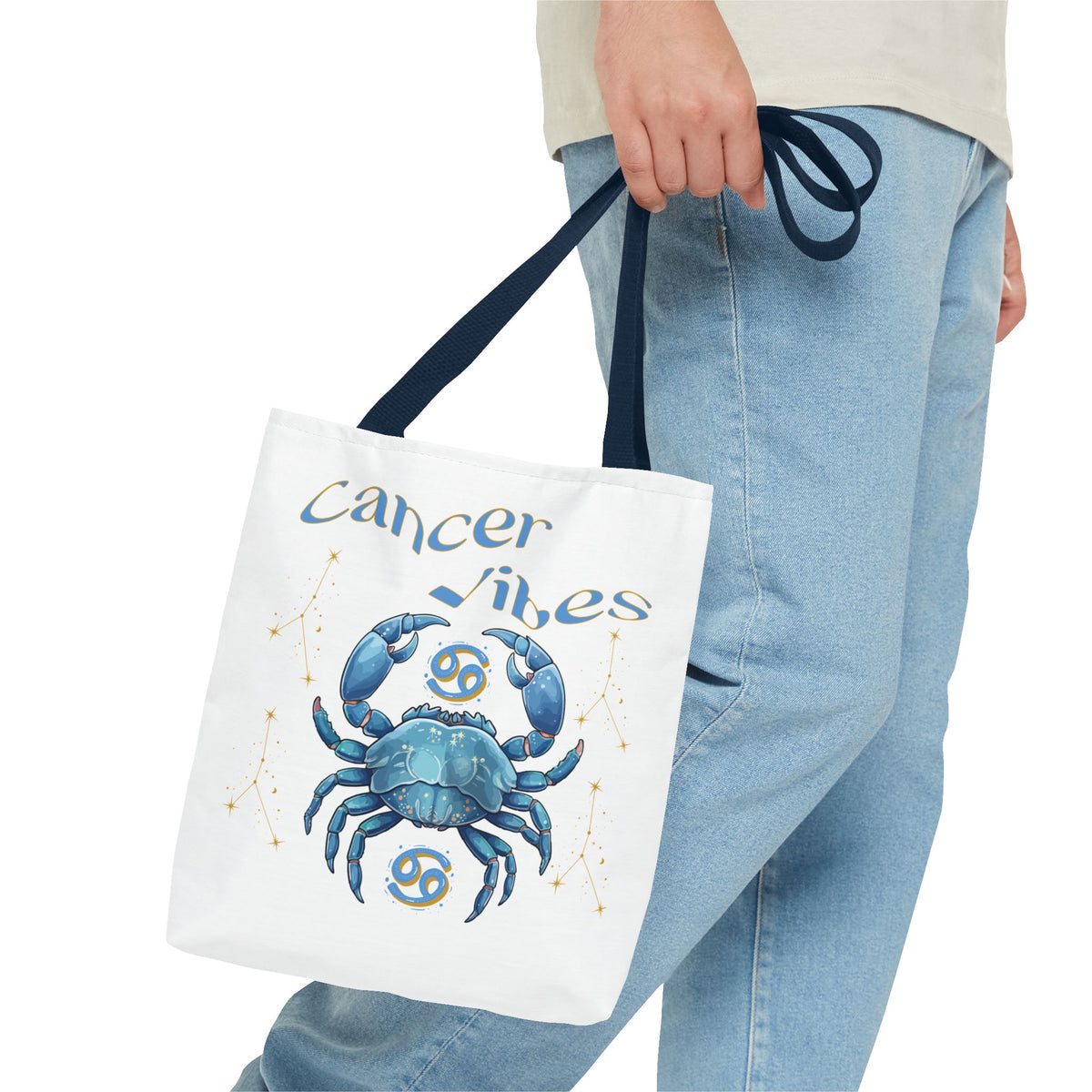 Personalized Initials & D.O.B Cancer Zodiac White Canvas Tote Bag – June 21–July 22 Astrology Gift