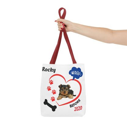 Personalized Puppy Photo & Name White Canvas Tote Bag — "Rocky" Before & Now Paw Print Design