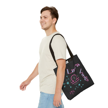 Personalized Initial & D.O.B Libra Zodiac Black Tote Bag with Traits & Birth Year (1997)