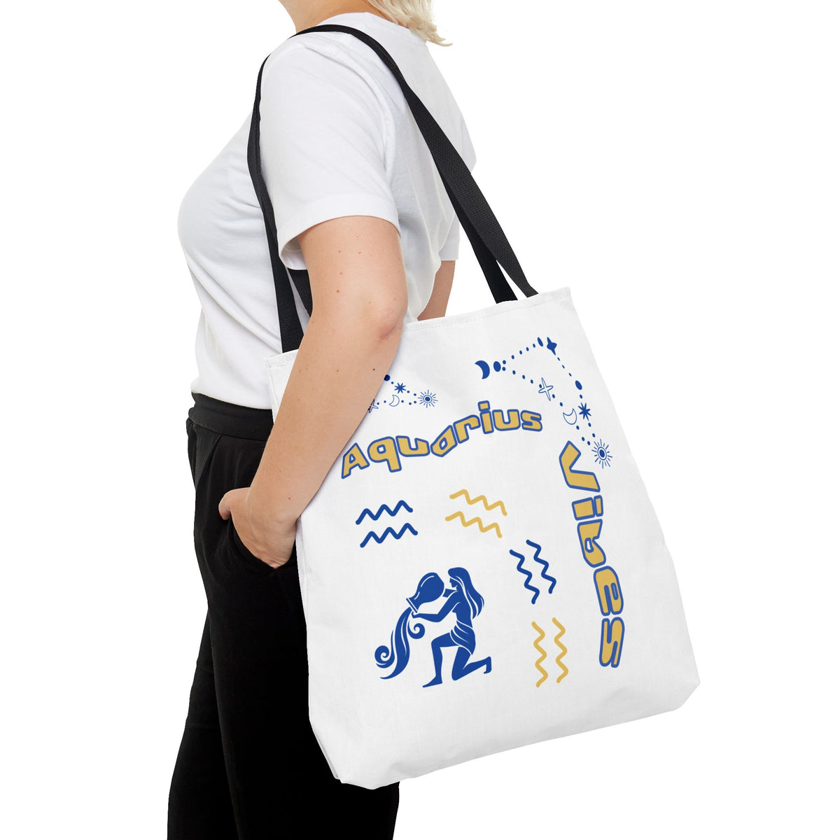 Aquarius Zodiac White Canvas Tote Bag — Personalized Birth Year & Initials