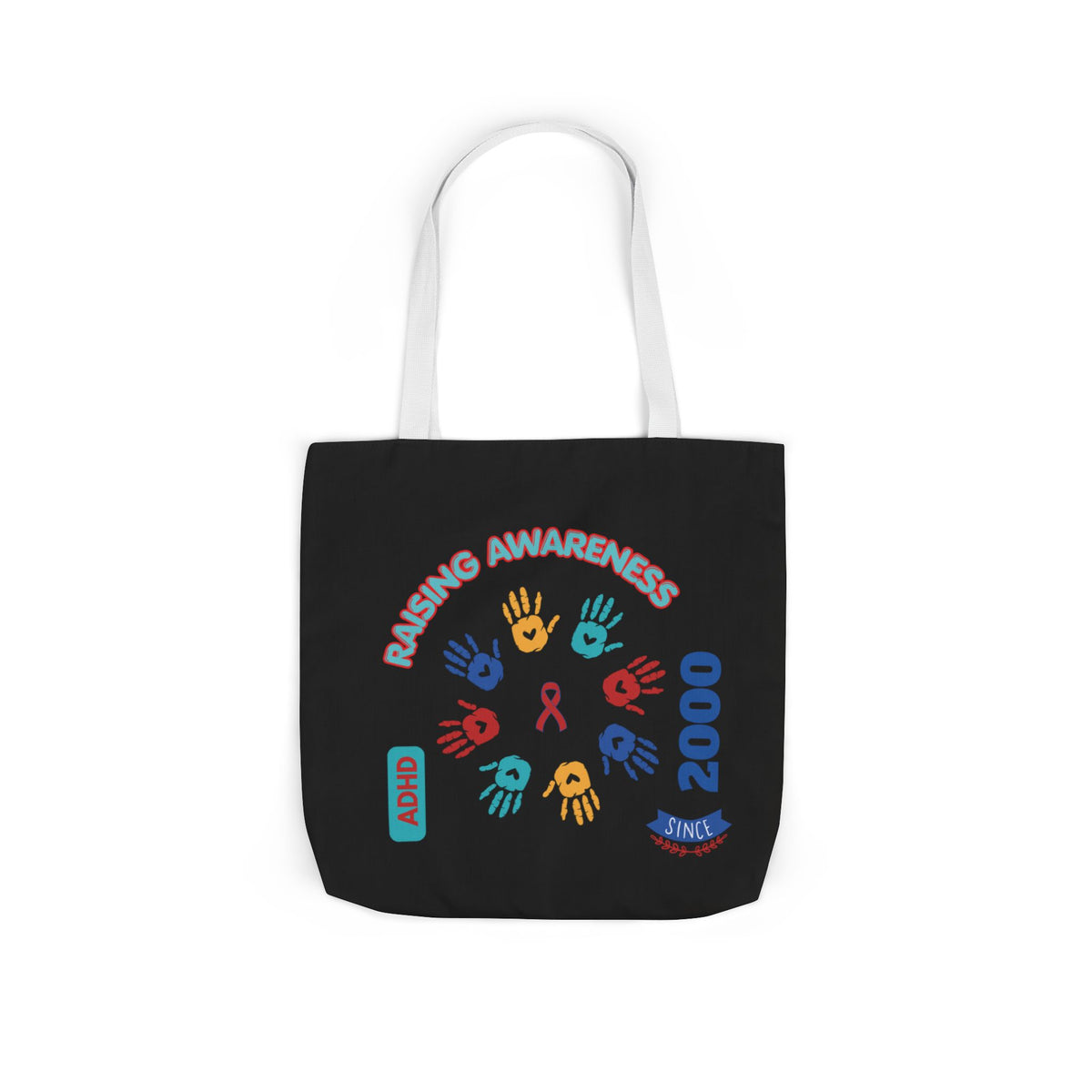 ADHD Awareness Rainbow Ribbon Canvas Tote with Personalized awareness year.