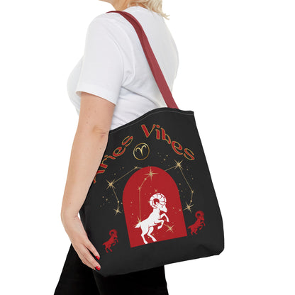 Personalized Initial & Birthdate Aries Vibes Black  Tote Bag — Zodiac Aries Horoscope Astrological Design (Born 1987)