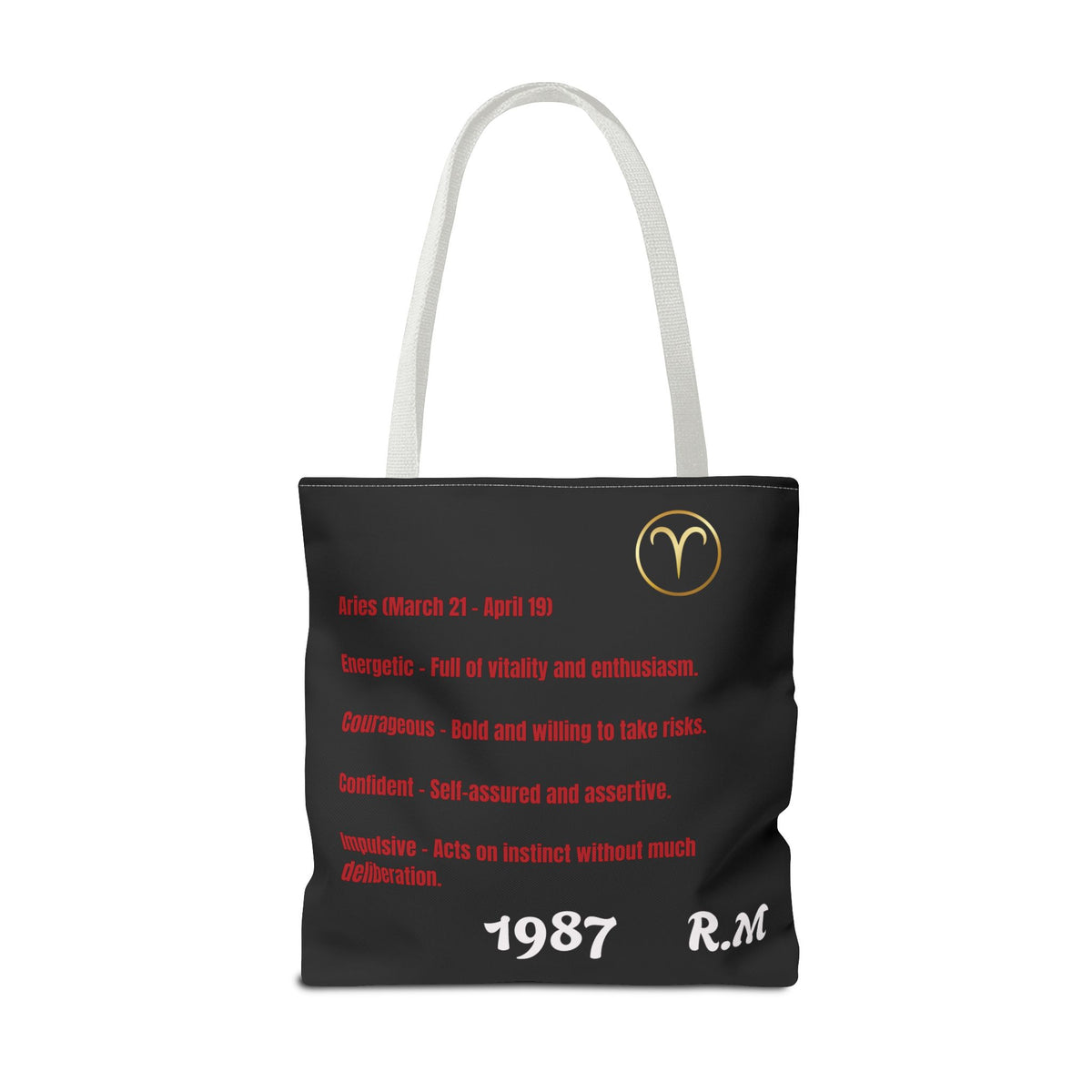 Personalized Initial & Birthdate Aries Vibes Black  Tote Bag — Zodiac Aries Horoscope Astrological Design (Born 1987)