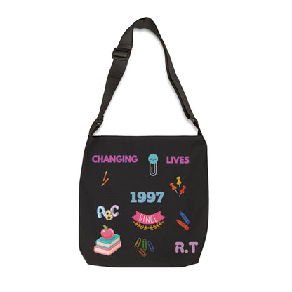 Personalized initial & Teaching Year Black Adjustable Tote Bag — 'Changing Lives Since 1997'