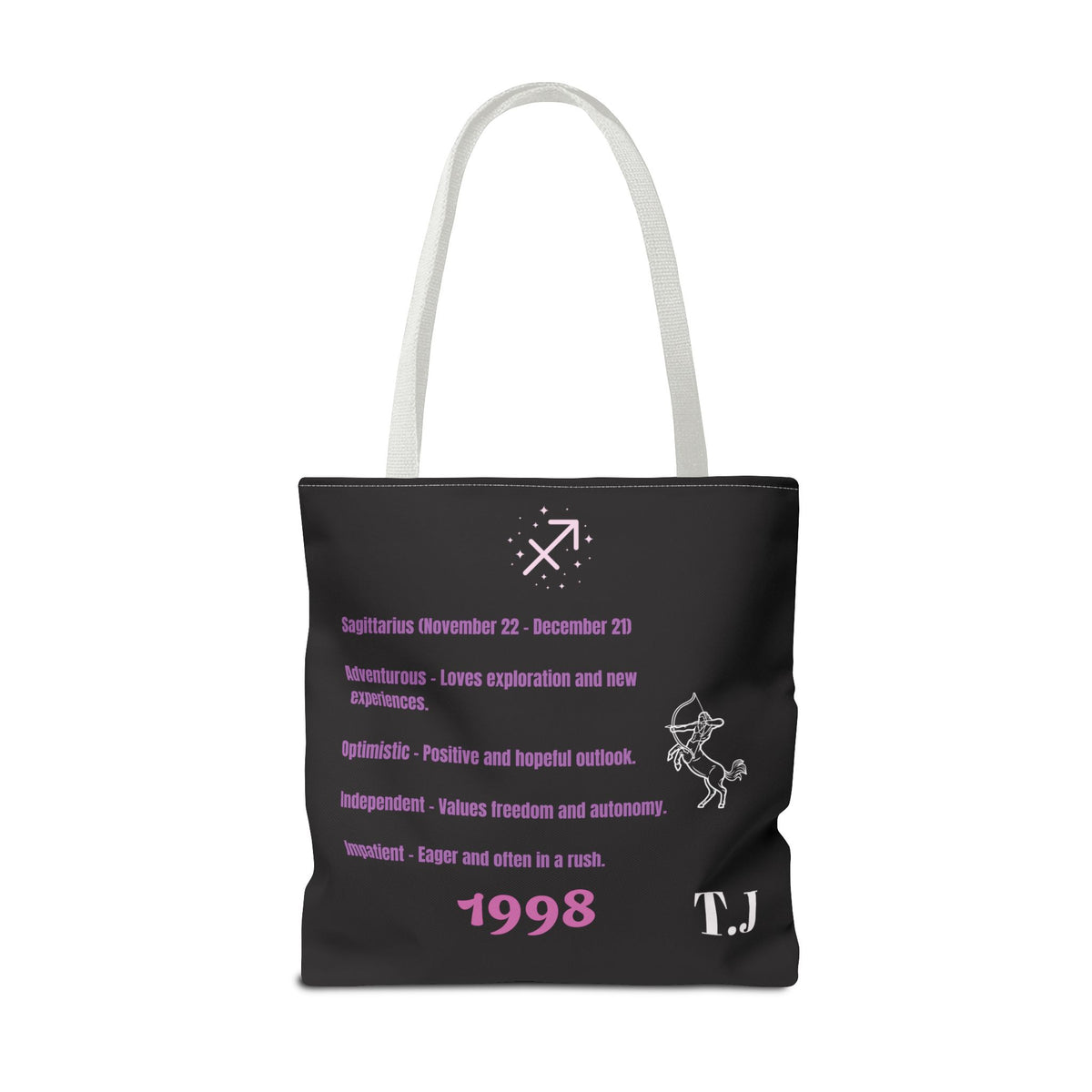 Personalized Initial & D.O.B Sagittarius Zodiac BlackCanvas Tote Bag