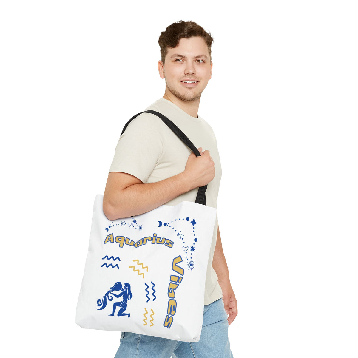 Aquarius Zodiac White Canvas Tote Bag — Personalized Birth Year & Initials