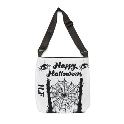 Personalized initial white  and black Halloween Skull Tote Bag — "Trick or Treat" Adjustable Candy Bag