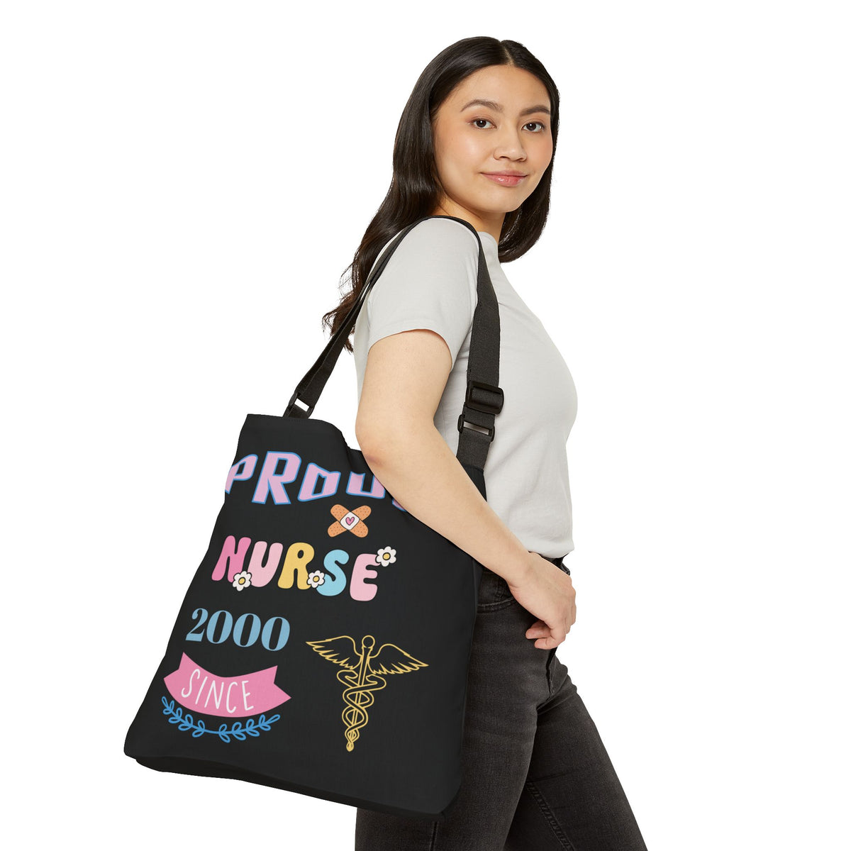 Personalized initial & Years of Services Nurse Black Adjustable Tote Bag