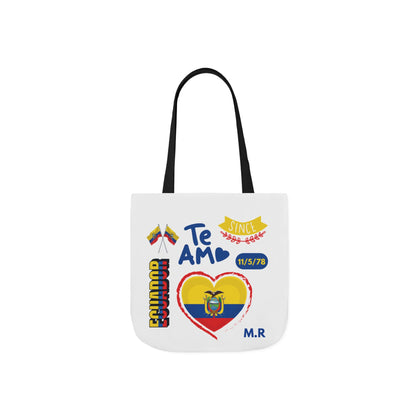 Ecuadorian Pride White Canvas Tote Bag with 5-Color Straps – Te Amo & Yo Soy Designs( Personalized Date of Birth & initials)