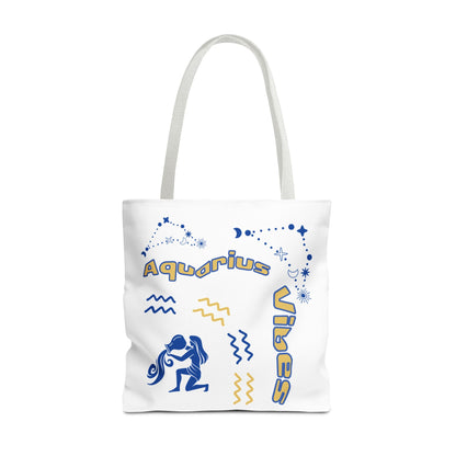 Aquarius Zodiac White Canvas Tote Bag — Personalized Birth Year & Initials