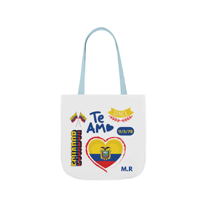 Ecuadorian Pride White Canvas Tote Bag with 5-Color Straps – Te Amo & Yo Soy Designs( Personalized Date of Birth & initials)