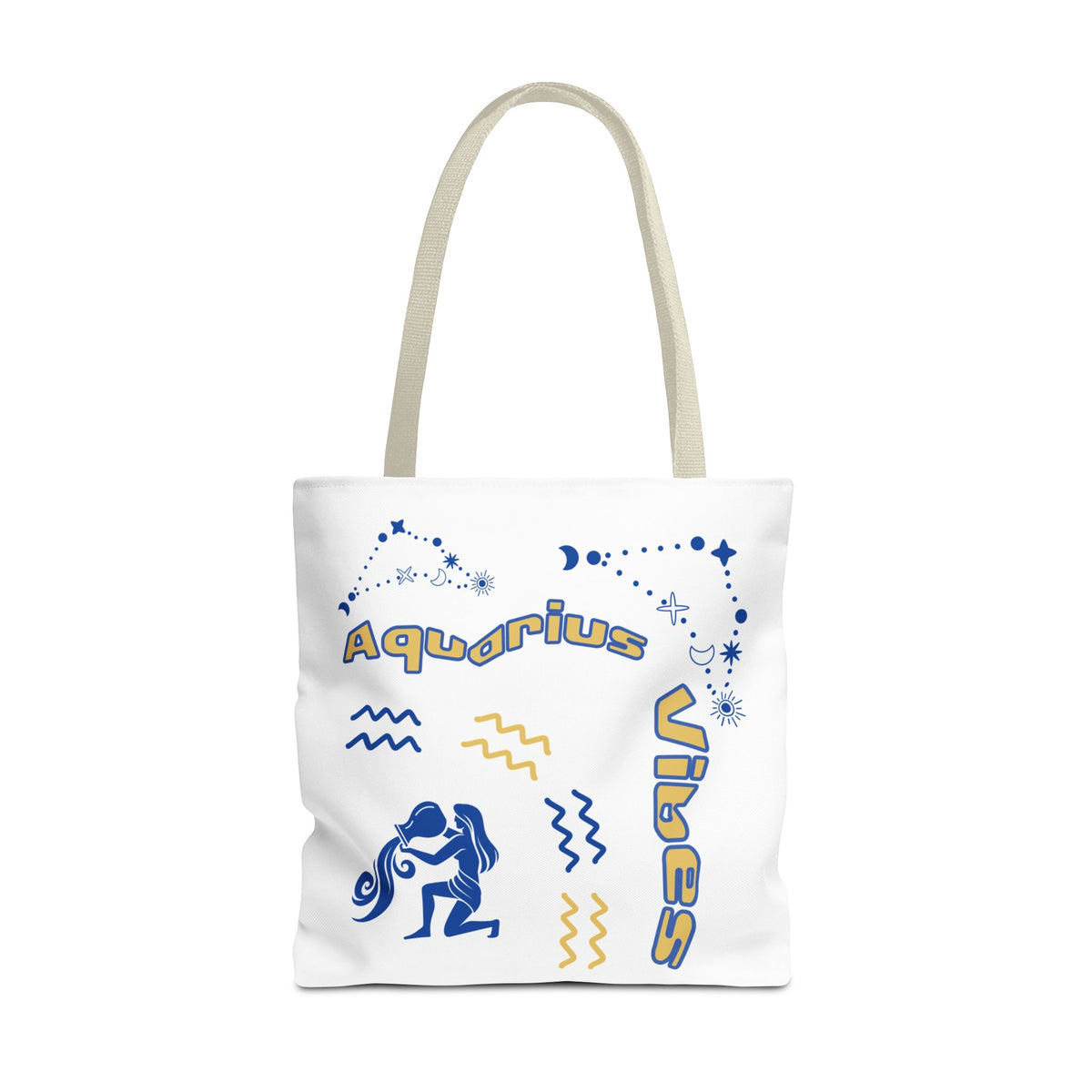 Aquarius Zodiac White Canvas Tote Bag — Personalized Birth Year & Initials