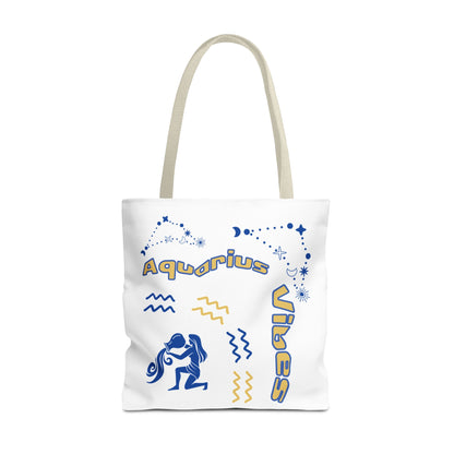 Aquarius Zodiac White Canvas Tote Bag — Personalized Birth Year & Initials