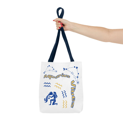 Aquarius Zodiac White Canvas Tote Bag — Personalized Birth Year & Initials