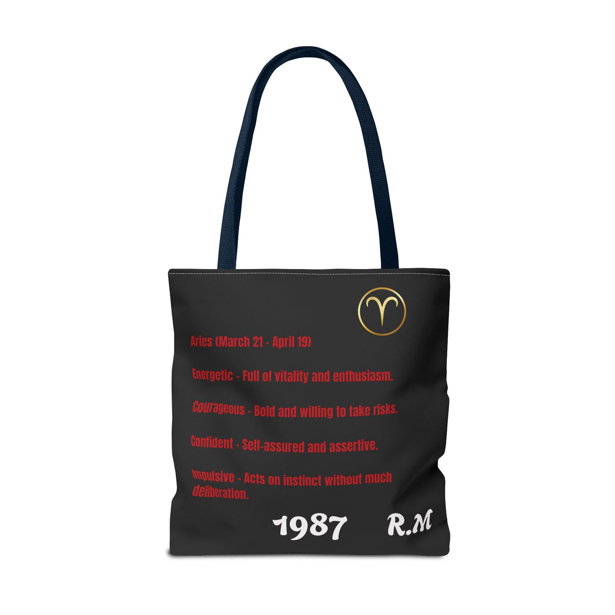 Personalized Initial & Birthdate Aries Vibes Black  Tote Bag — Zodiac Aries Horoscope Astrological Design (Born 1987)