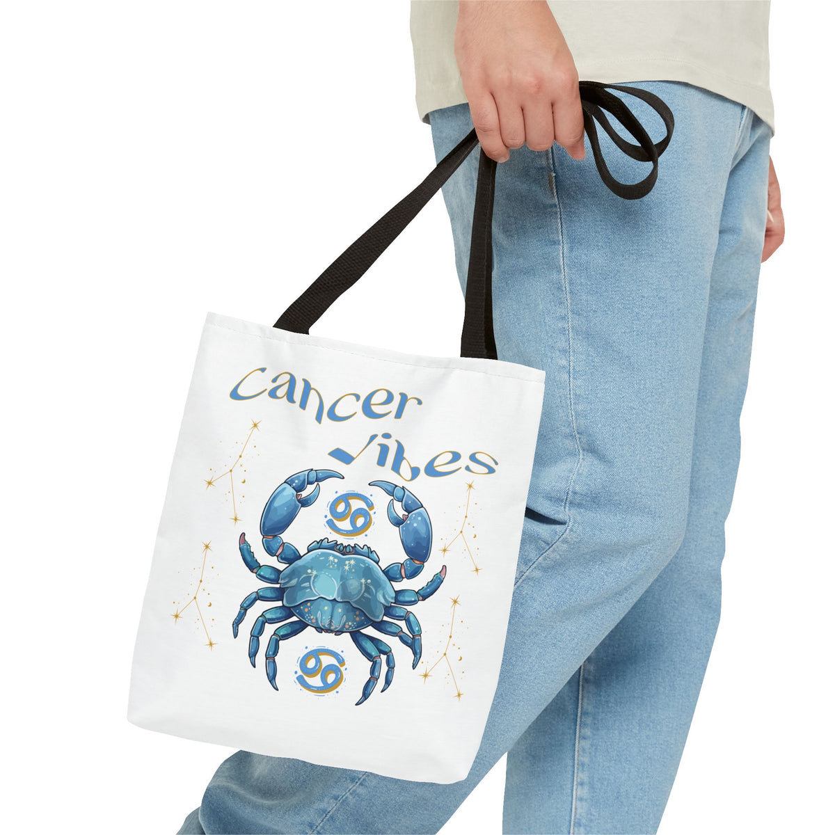 Personalized Initials & D.O.B Cancer Zodiac White Canvas Tote Bag – June 21–July 22 Astrology Gift