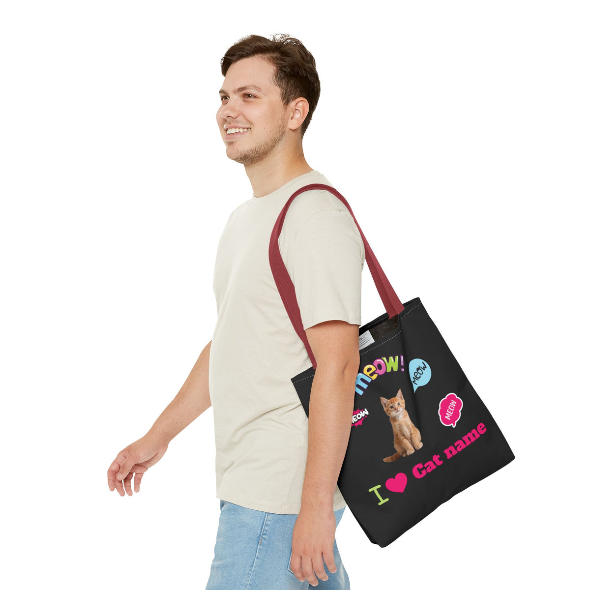Personalized Cat Lover Canvas Tote Bag — "I  Cat name" Customizable Cat Photo Tote