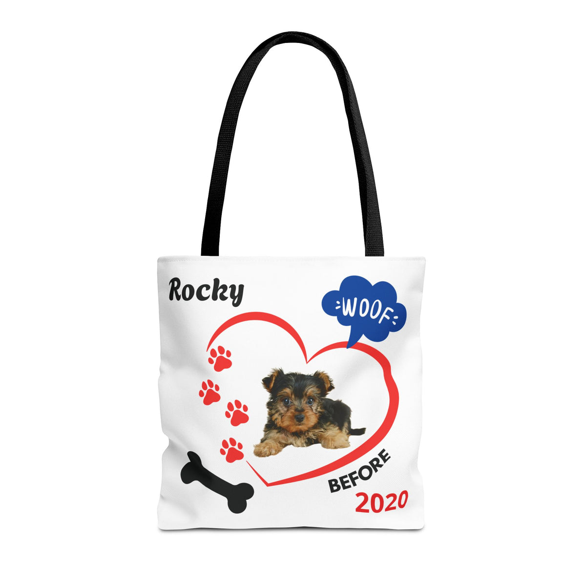 Personalized Puppy Photo & Name White Canvas Tote Bag — "Rocky" Before & Now Paw Print Design