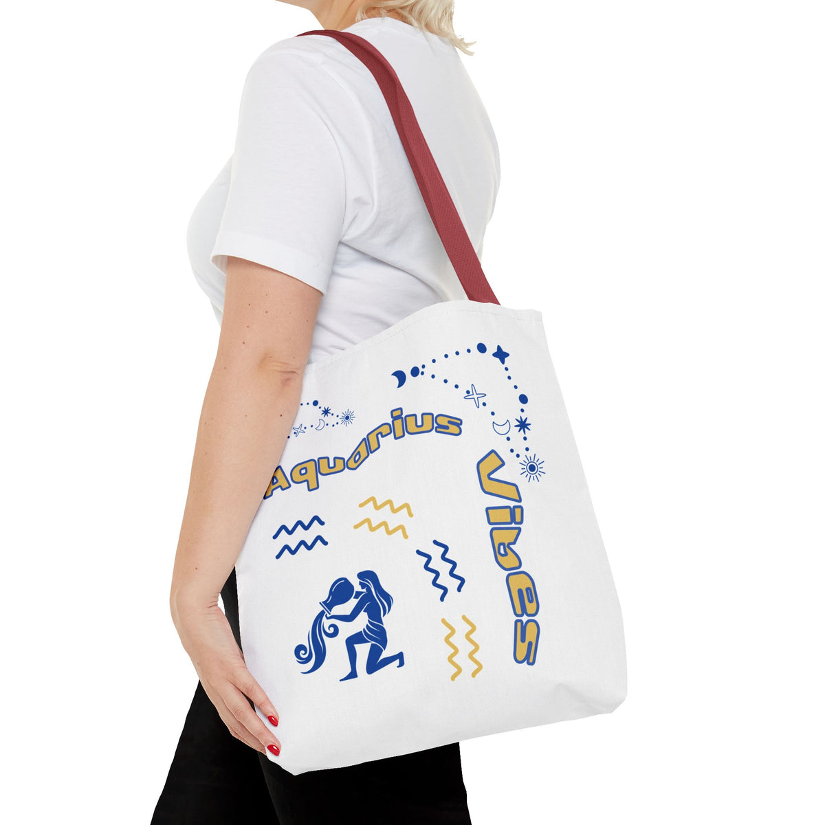 Aquarius Zodiac White Canvas Tote Bag — Personalized Birth Year & Initials