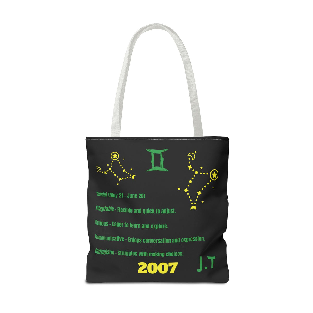Personalized Initial & D.O.B Gemini Vibes black Zodiac Tote Bag