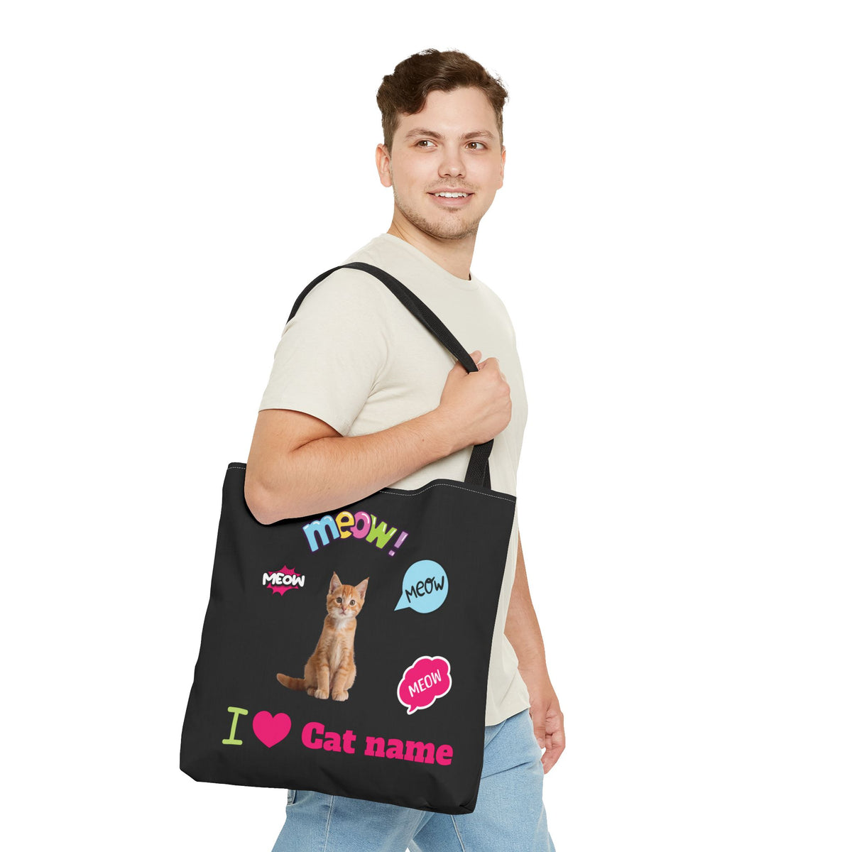 Personalized Cat Lover Canvas Tote Bag — "I  Cat name" Customizable Cat Photo Tote