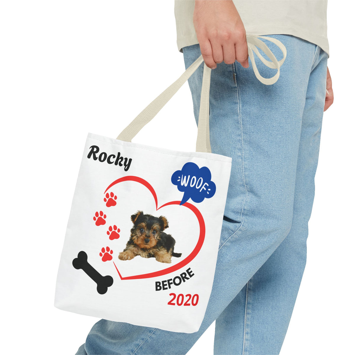 Personalized Puppy Photo & Name White Canvas Tote Bag — "Rocky" Before & Now Paw Print Design